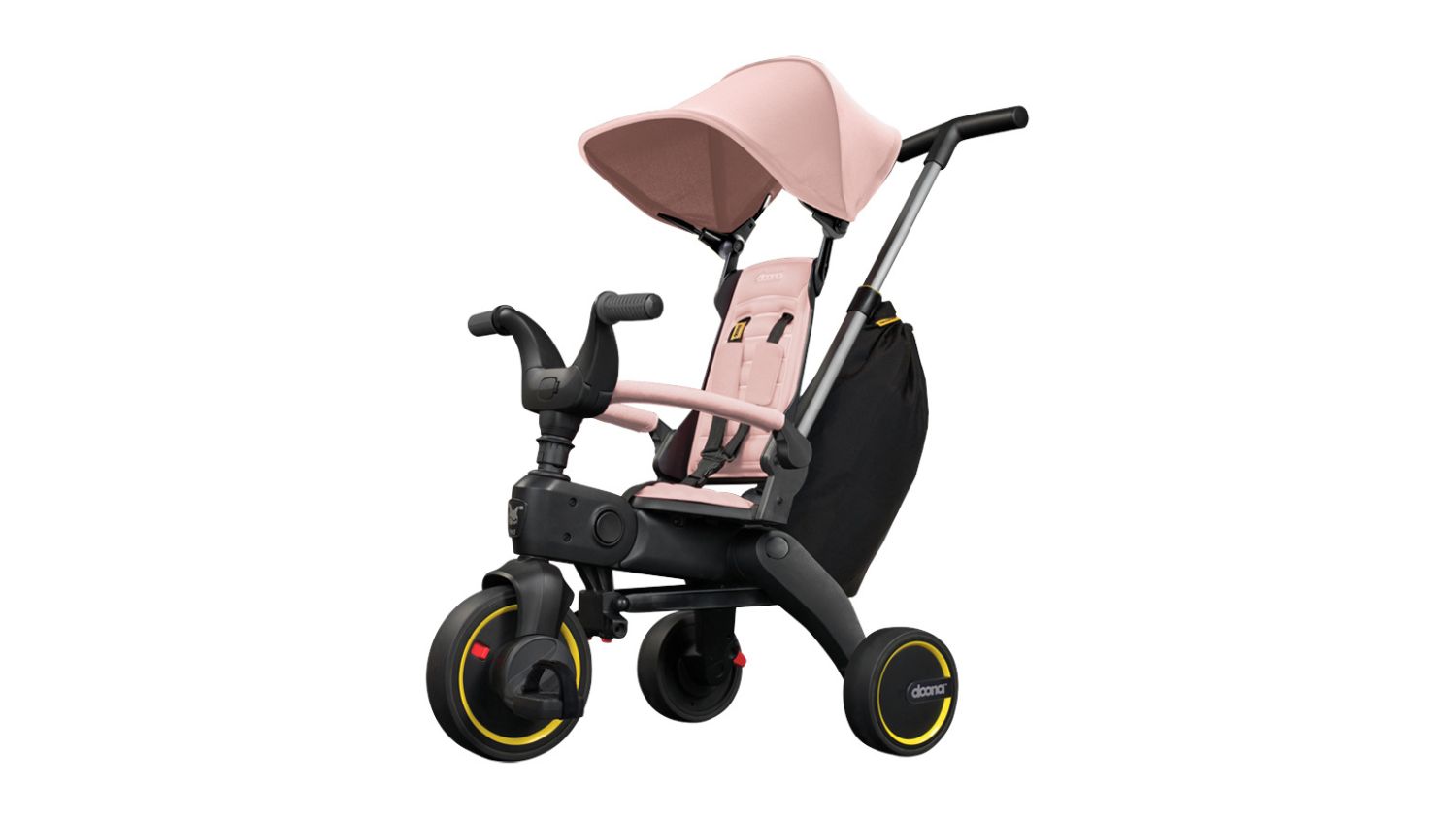 Doona Liki Trike S3 with canopy, push handle, storage bag, and three black wheels