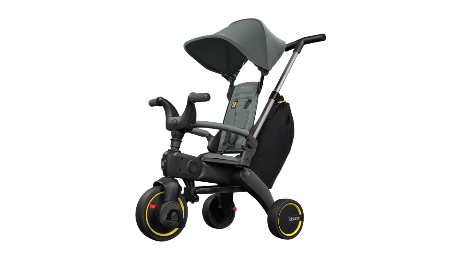 Doona Liki Trike S3 with canopy, push handle, storage bag, and three black wheels