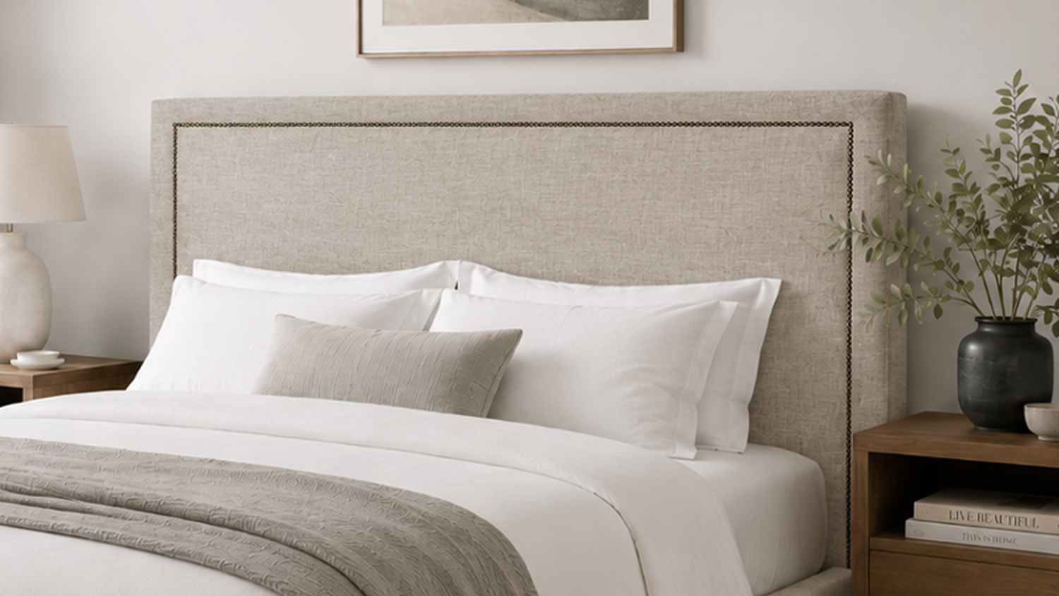Statesman King Single Upholstered Headboard in a light beige fabric finish, featuring a rectangular silhouette