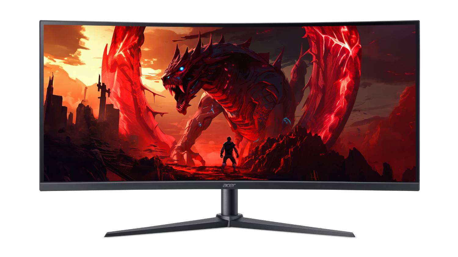 Front view of the Acer Nitro 34-inch curved UWQHD gaming monitor displaying a fantasy dragon scene