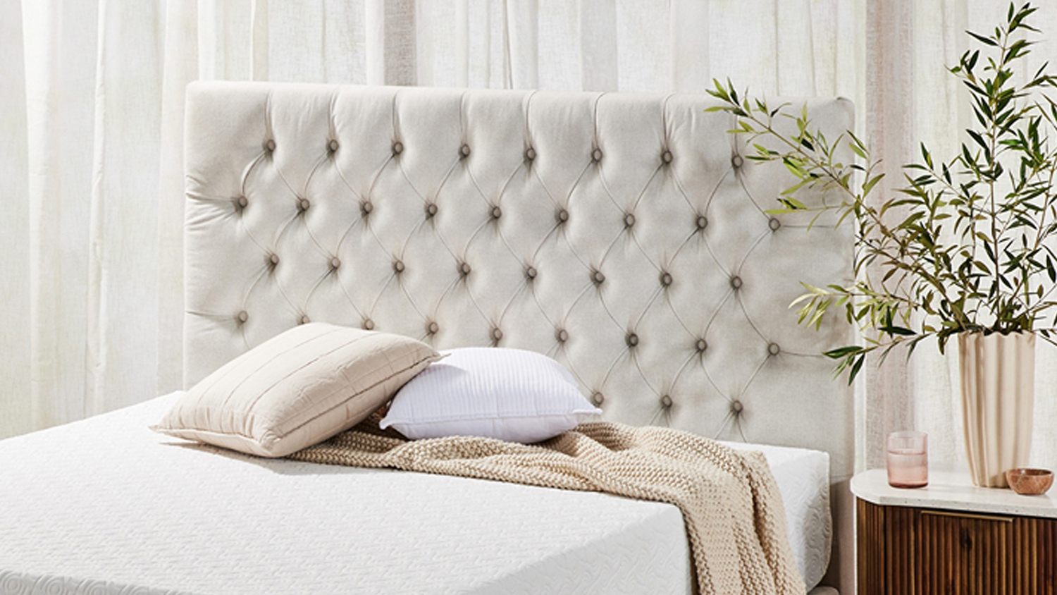 Close-up view of the Majestic Home Vienna Super King Upholstered Headboard by Mlily in a modern bedroom