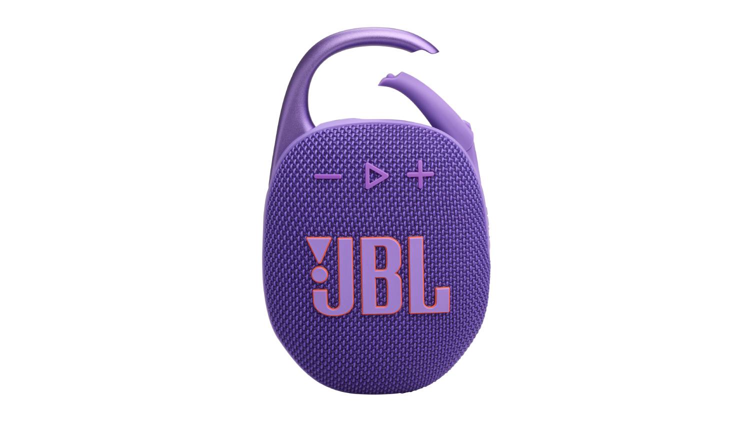 Front view of the purple JBL Clip 5 portable Bluetooth speaker with integrated carabiner