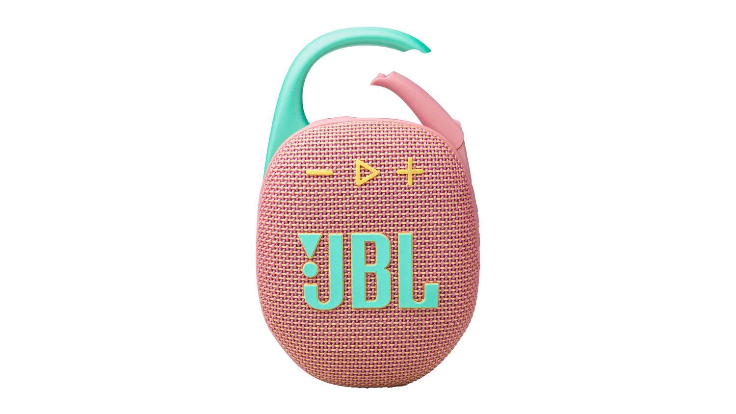 Front view of the JBL Clip 5 ultra-portable Bluetooth speaker in pink with a mint green integrated carabiner