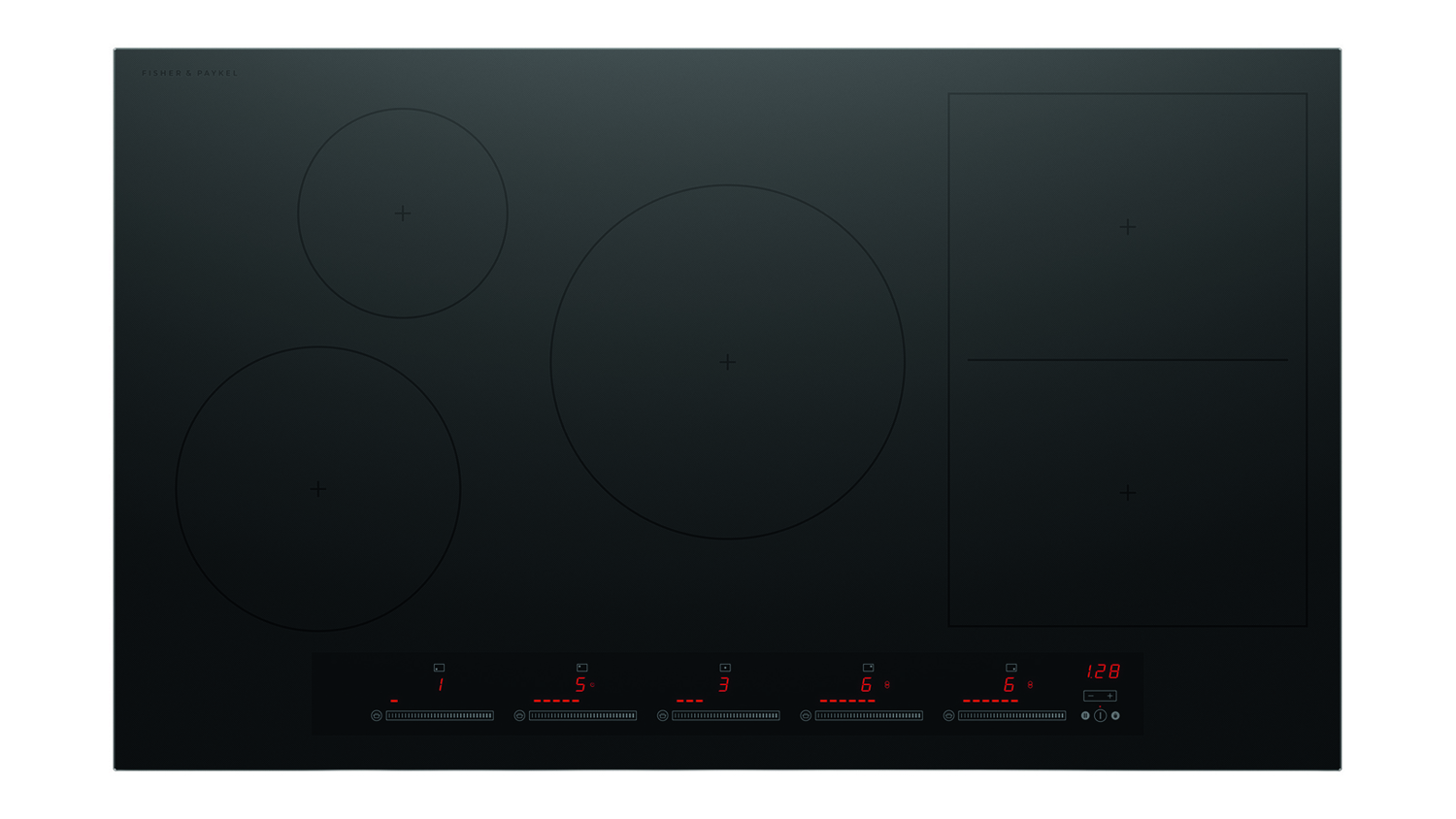 Product-only view of the Fisher & Paykel Series 7 90cm induction cooktop. Five cooking zones are visible