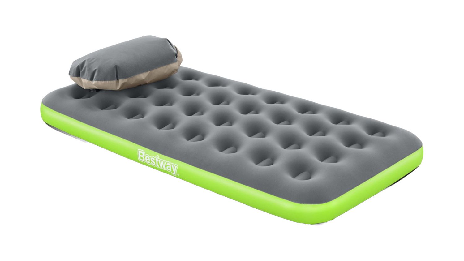 Bestway Roll & Relax Air Mattress featuring a cushioned flocked top and a comfortable support pillow