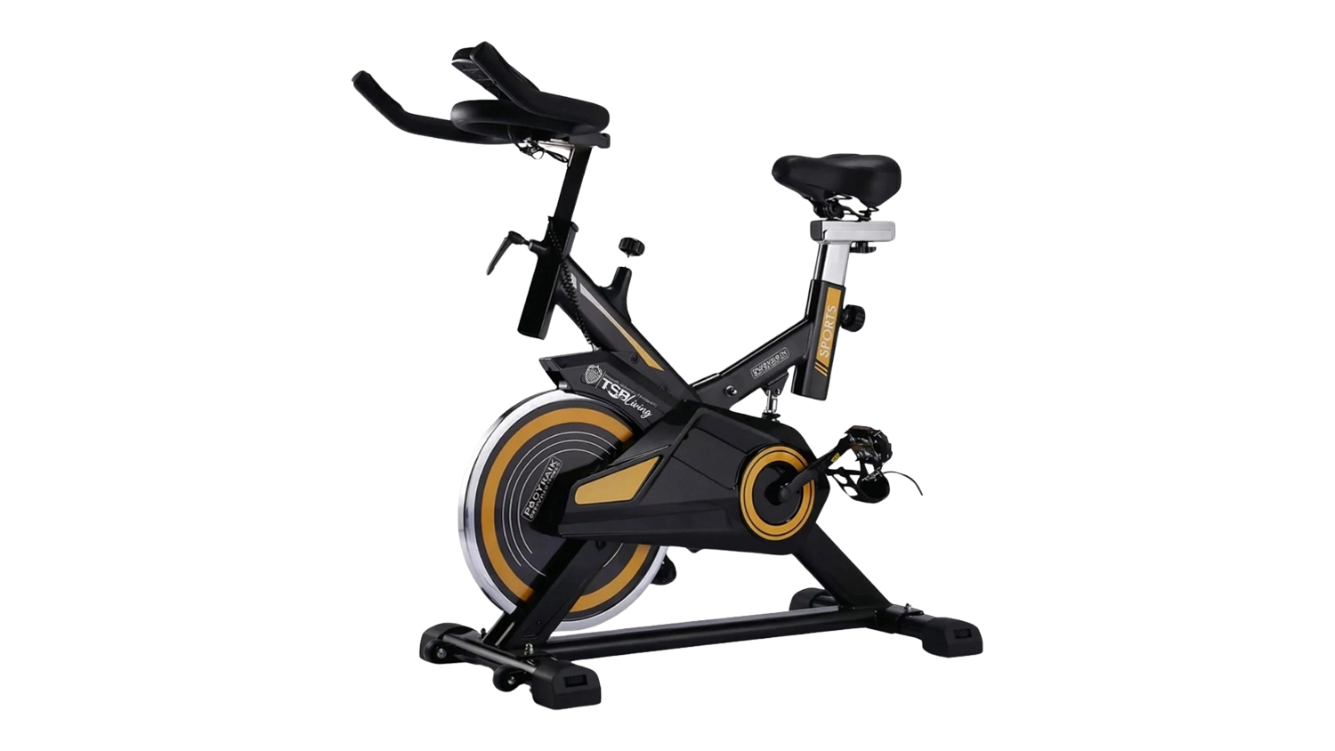 A side view of a yellow PROTRAIN exercise bike with adjustable seat, handlebars, and flywheel