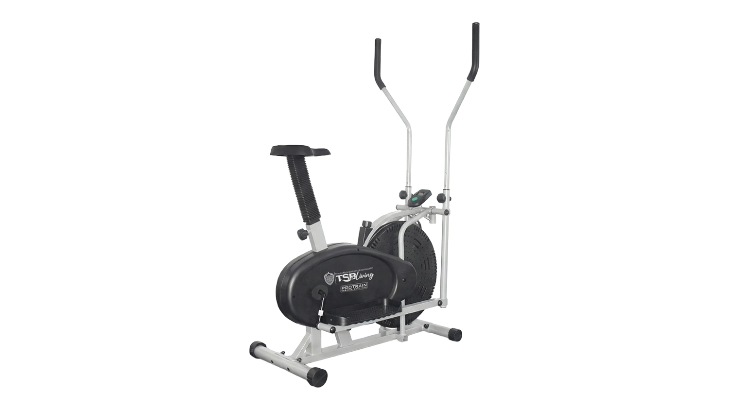 Silver and black PROTRAIN Elliptical Trainer with Saddle, adjustable seat and moving handlebars
