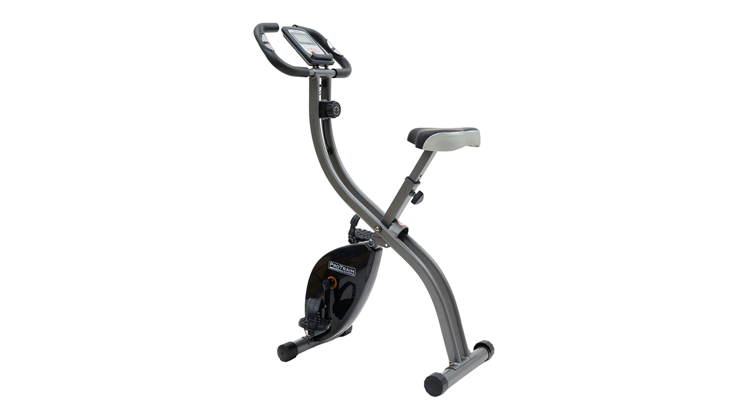 An angled view of the PROTRAIN X-Bike Folding Recumbent Bike with Silent Magnetic System