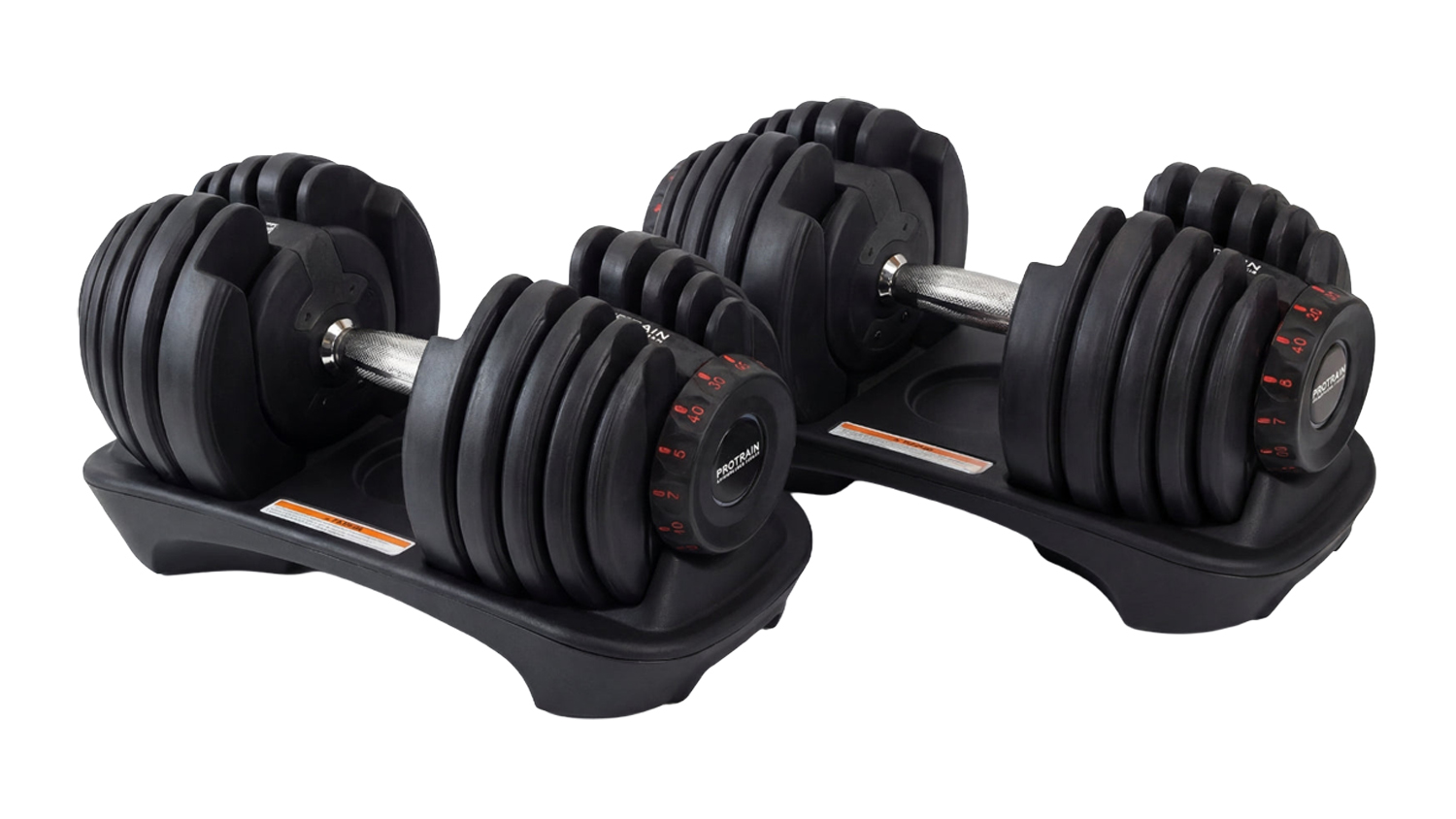Pair of PROTRAIN Adjustable Dumbbells with weight-selection dials, displayed on storage trays