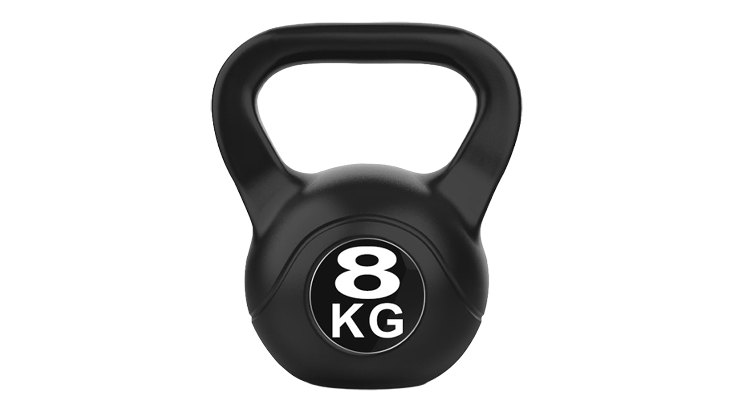 Front view of a black 8 kg PROTRAIN cement kettlebell