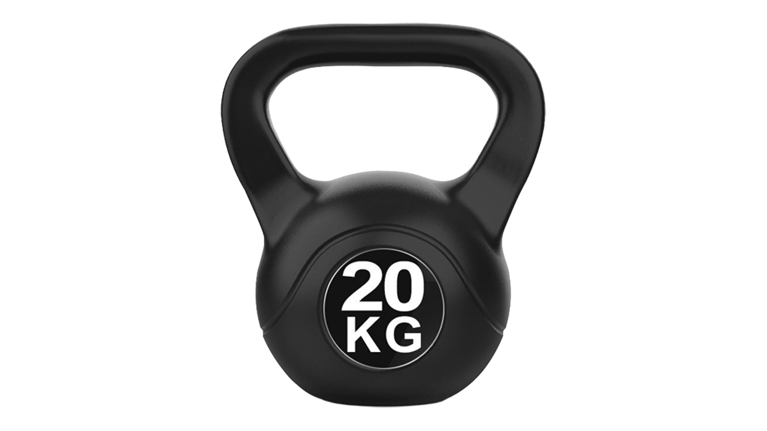 Front view of a black 20 kg kettlebell