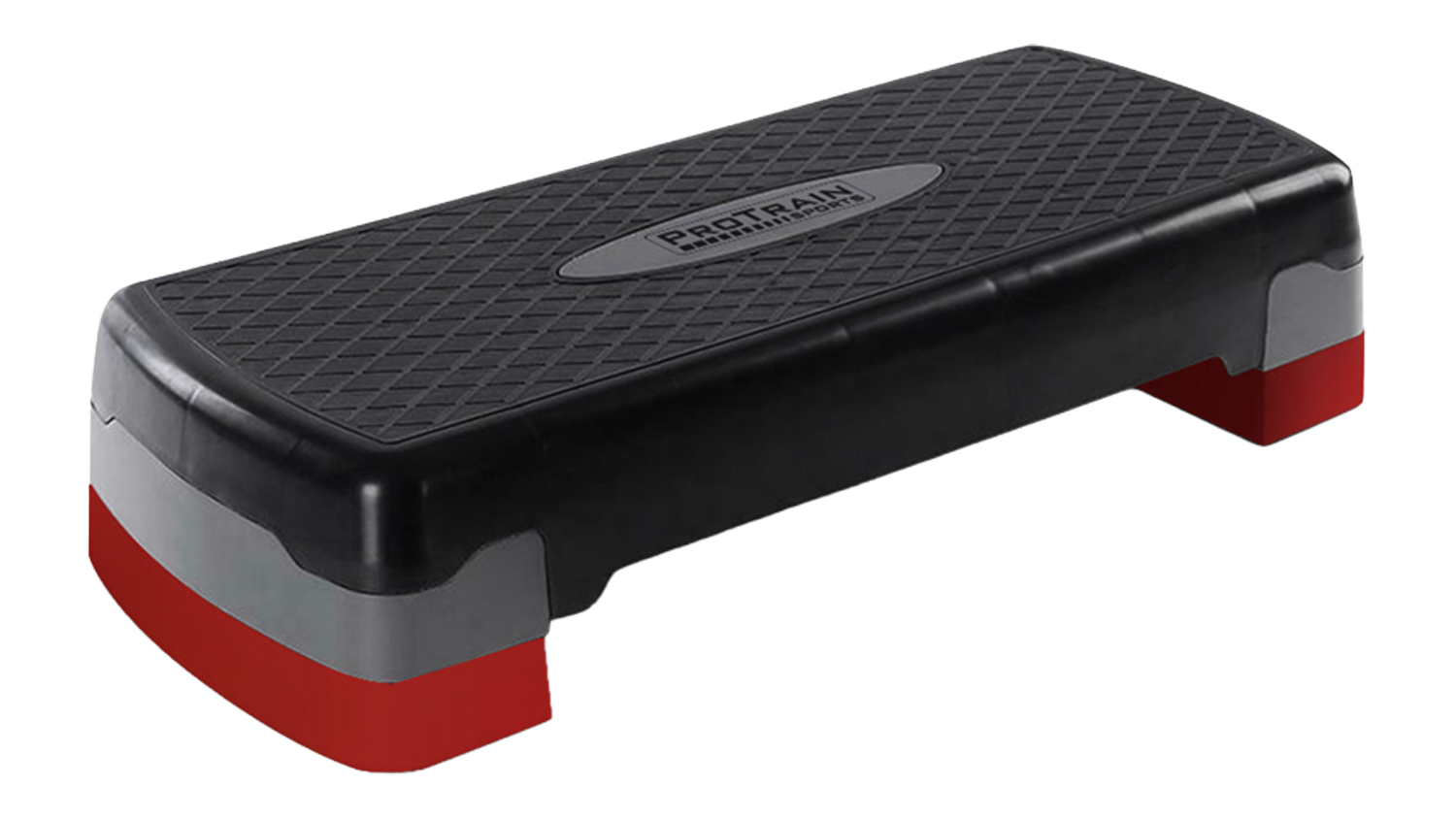 Black PROTRAIN 2-Step Aerobic Step Bench with a textured, non-slip surface and red risers