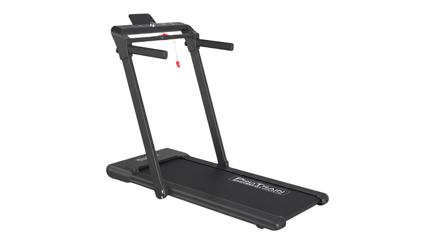 A left angled view of the PROTRAIN Electric Quick-Folding Treadmill with Tablet Support, Tether Key, Colour Control Panel