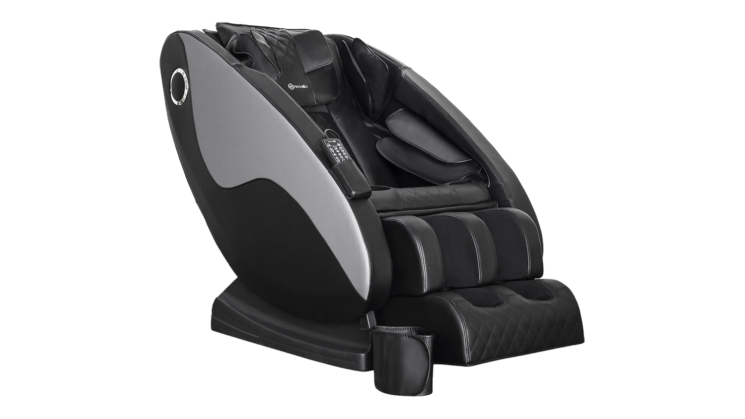 Sleek Novello full body electric massage chair with black and grey leatherette upholstery