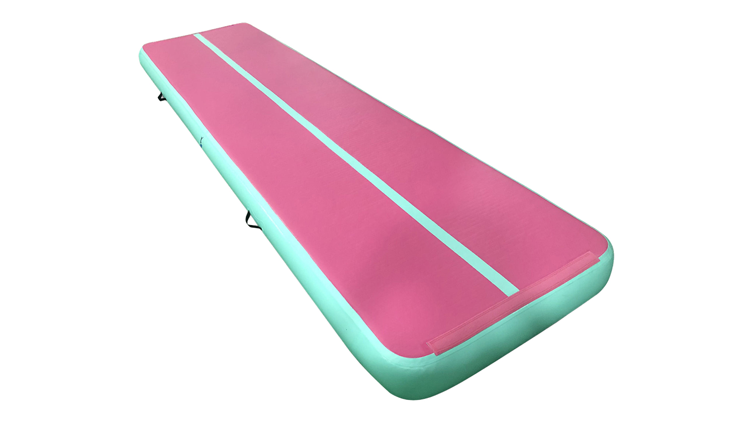 Angled view of a pink and green TSB Living inflatable gymnastics air track