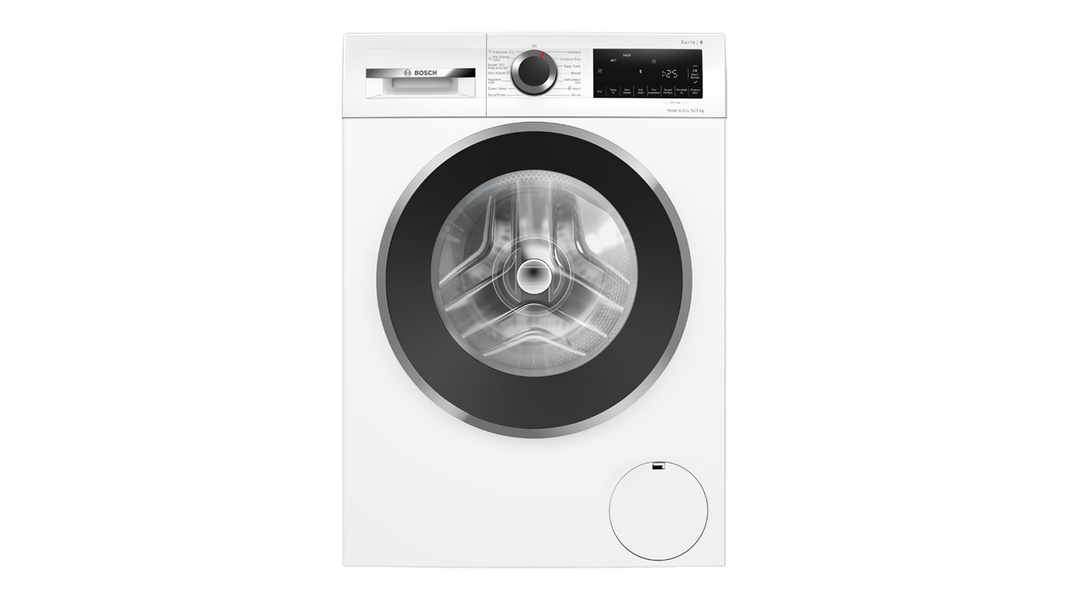 Bosch Series 6 front loader washing machine and dryer combo in white, shown from the front