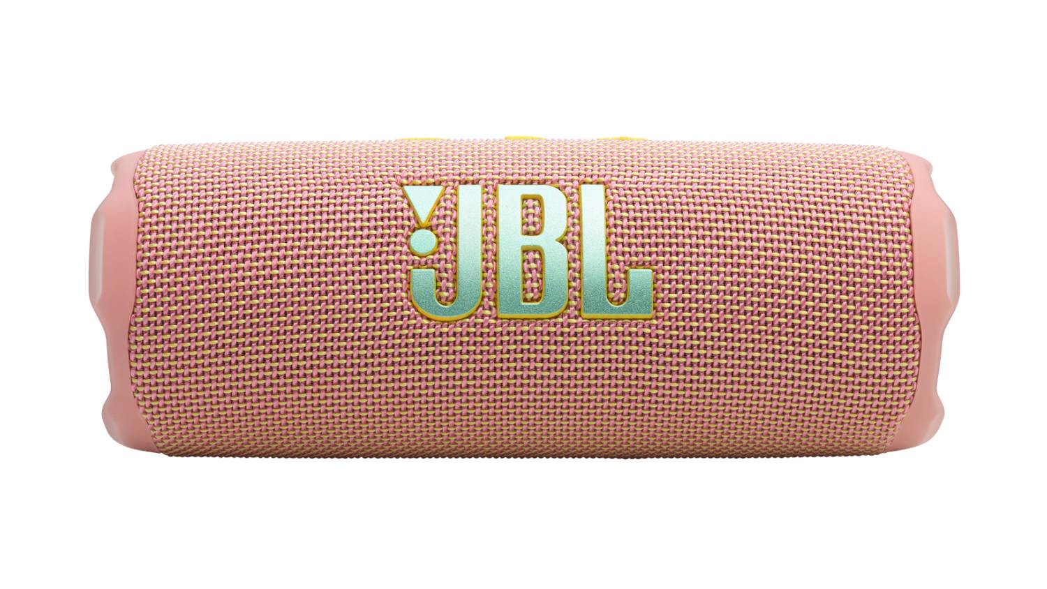 Front view of the JBL Flip 7 portable Bluetooth speaker in pink, featuring a cylindrical design