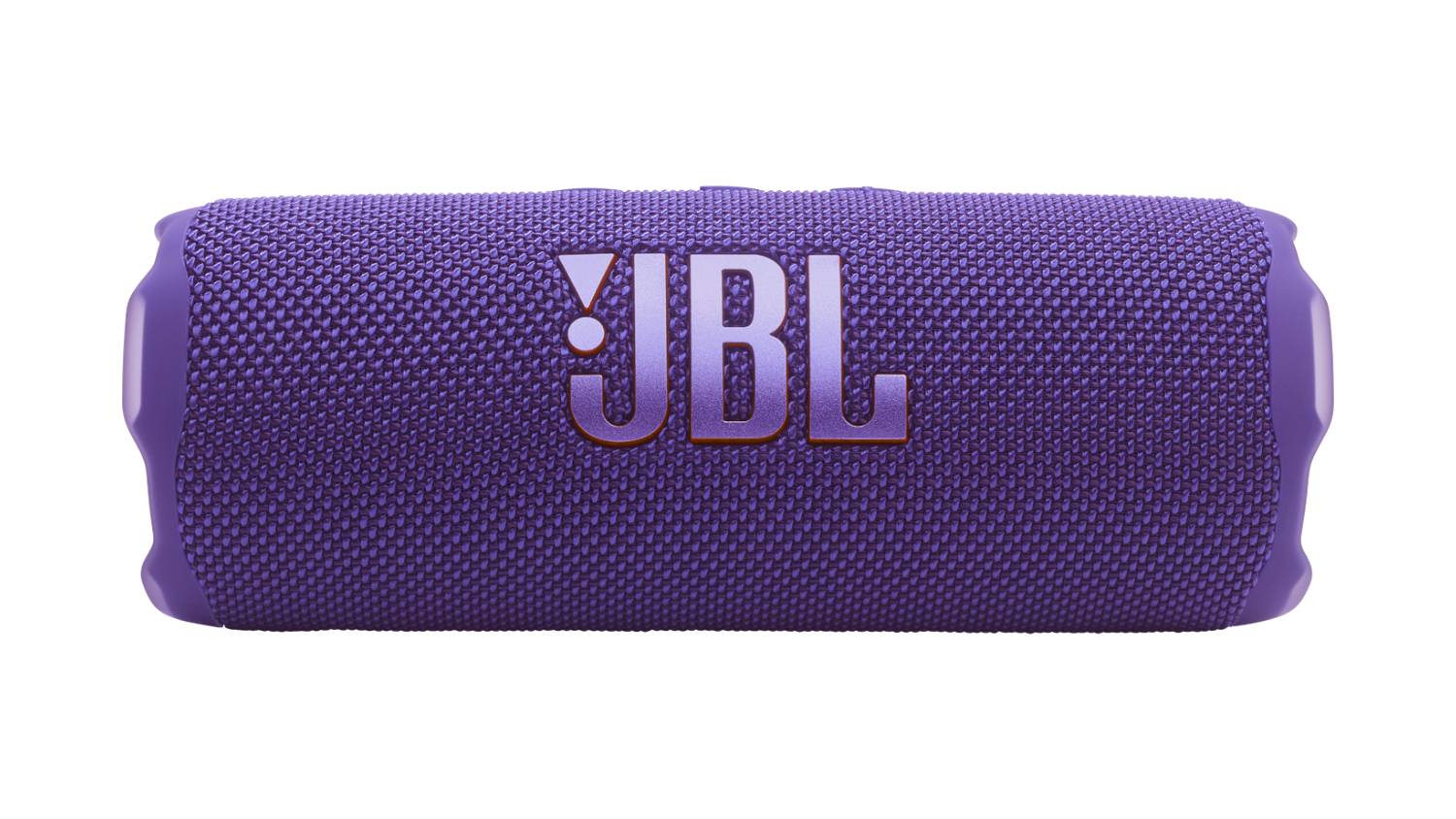 Front view of the JBL Flip 7 portable Bluetooth speaker in purple, featuring a cylindrical design