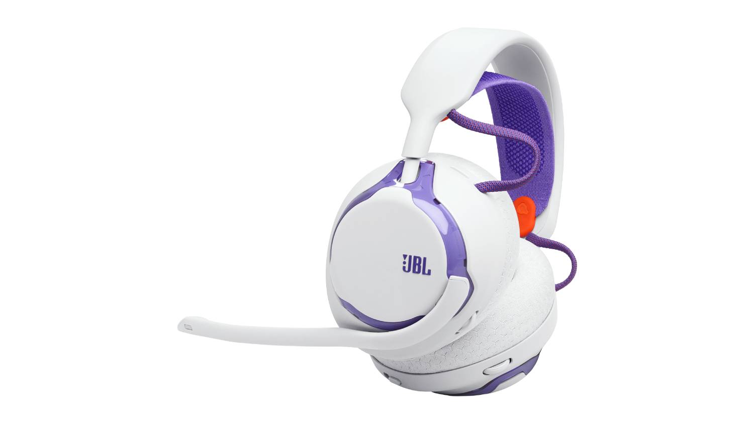 Angled front view of the JBL Quantum 650 wireless gaming headset in white with purple accents