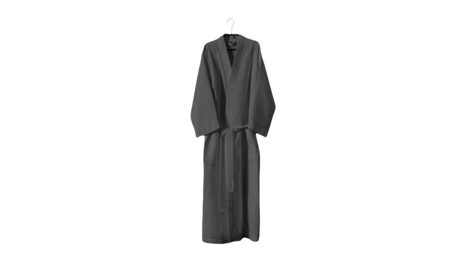 Charcoal-coloured Baksana Waffle Bath Robe hanging on a hook with patch pockets and a waist tie