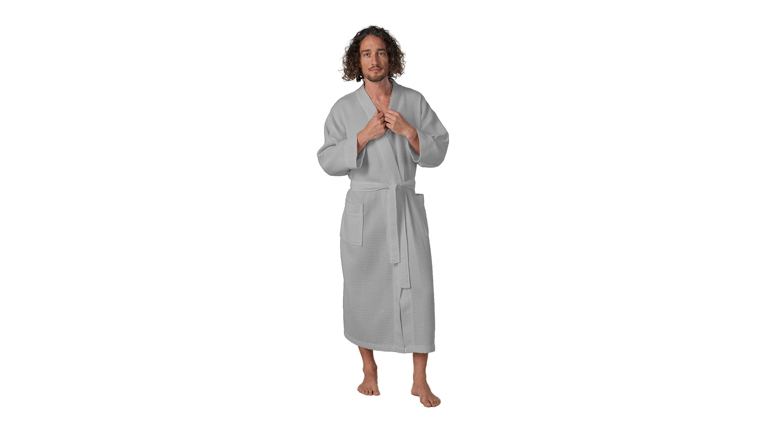 Baksana Waffle Bath Robe in grey, shown on a standing model, highlighting the shawl collar