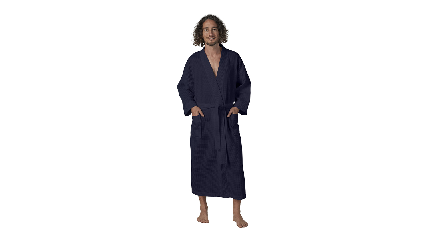 Baksana Waffle Bath Robe in navy blue, shown on a standing model, highlighting the shawl collar