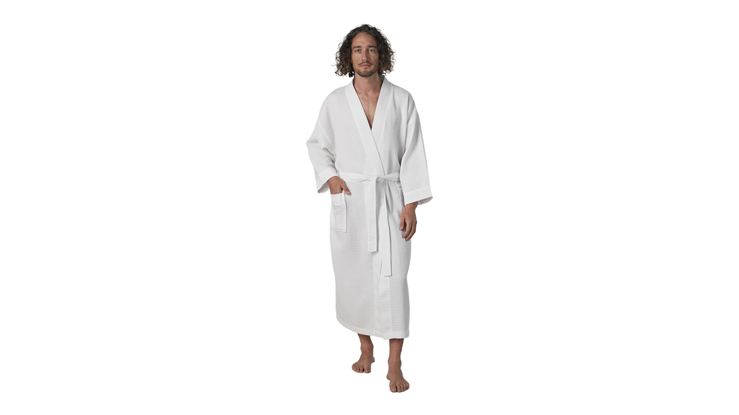 Baksana Waffle Bath Robe in white, shown on a standing model, highlighting the shawl collar