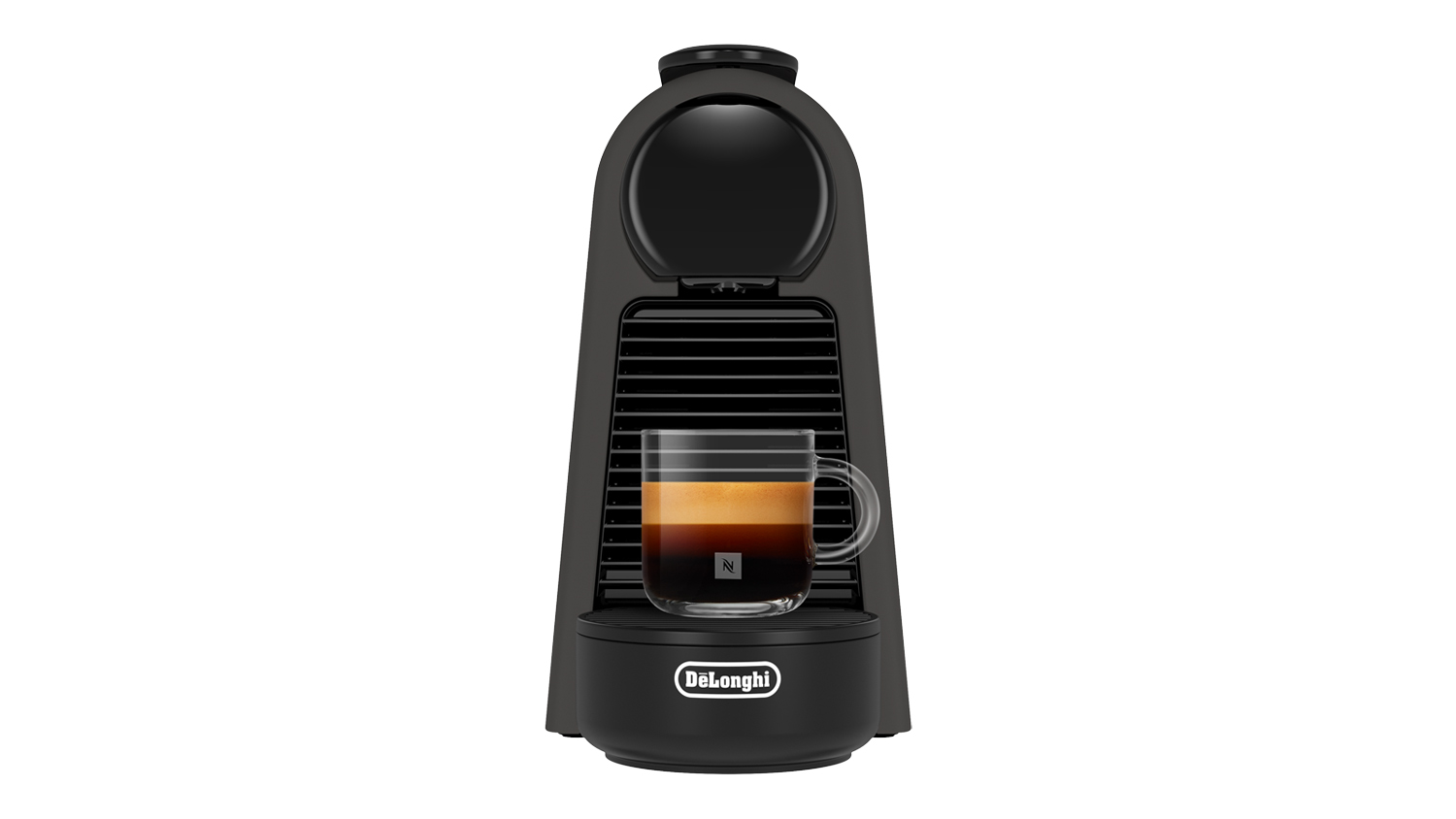 DeLonghi Nespresso Essenza Mini in black finish with a glass cup of espresso