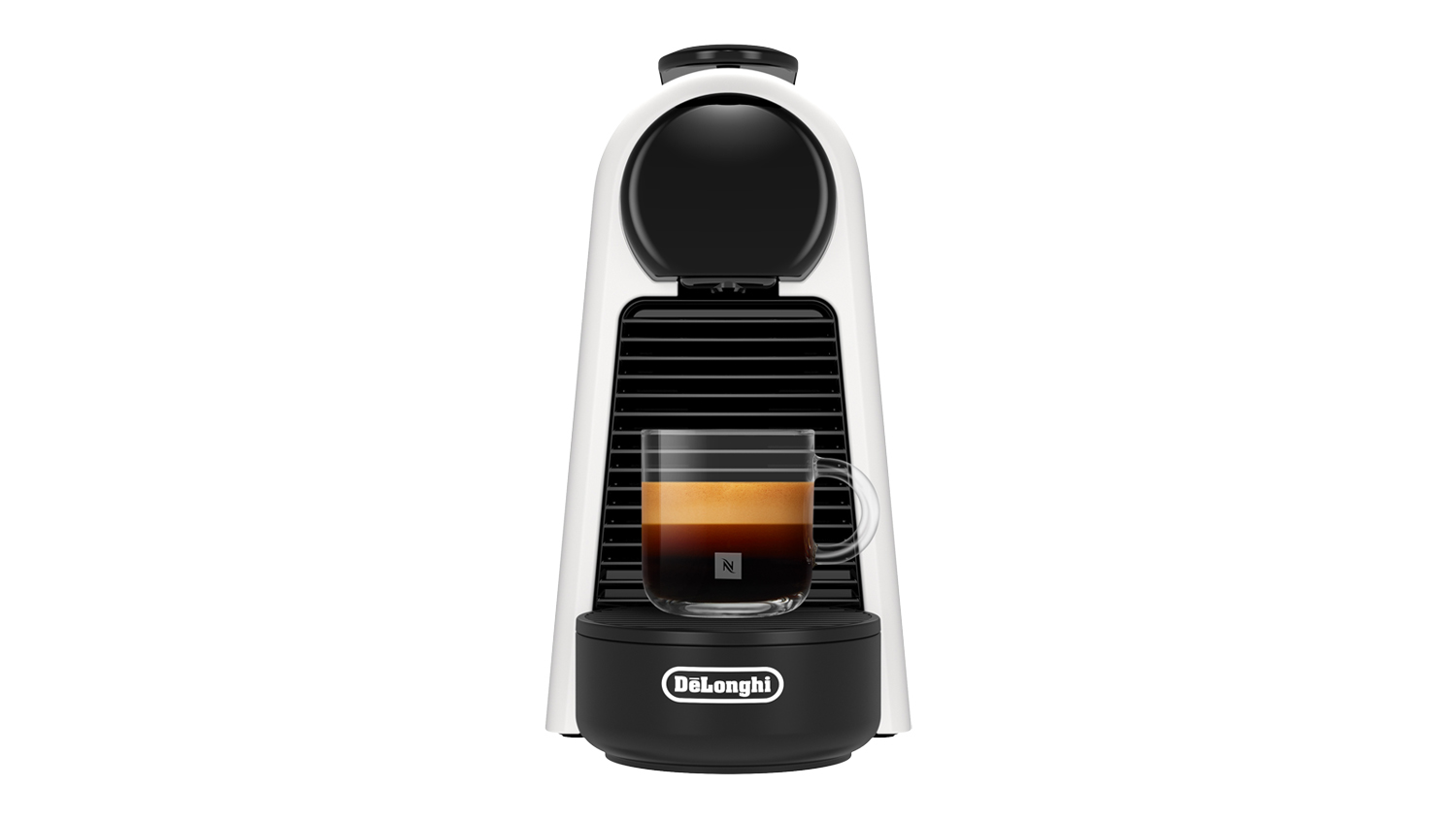 DeLonghi Nespresso Essenza Mini in white finish with a glass cup of espresso