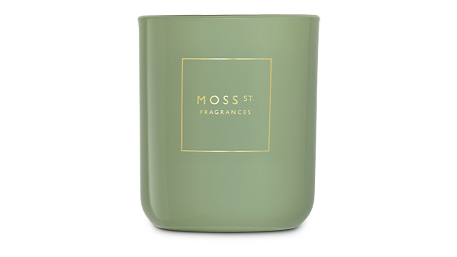 Front view showcasing a cylindrical Moss St. scented candle