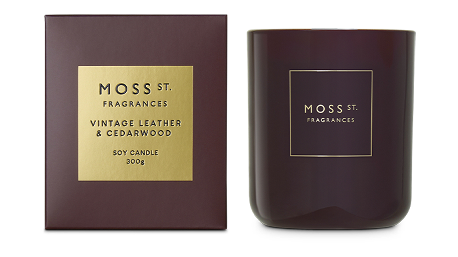 A Moss St. 300g Scented Soy Candle in Vintage Leather & Cedarwood blend
