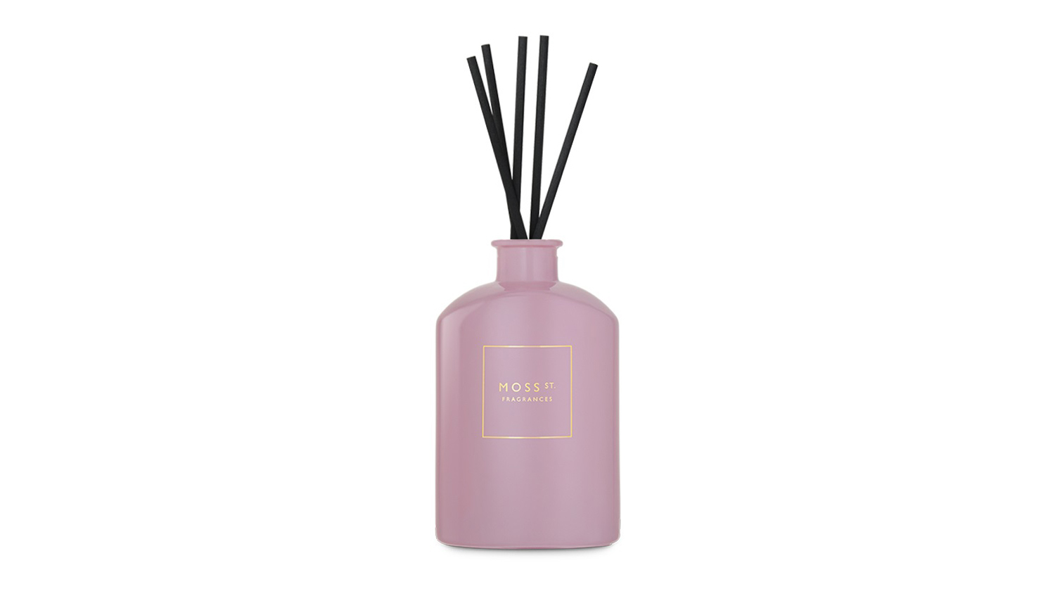 Front view showcasing a Moss St. reed diffuser with black sticks