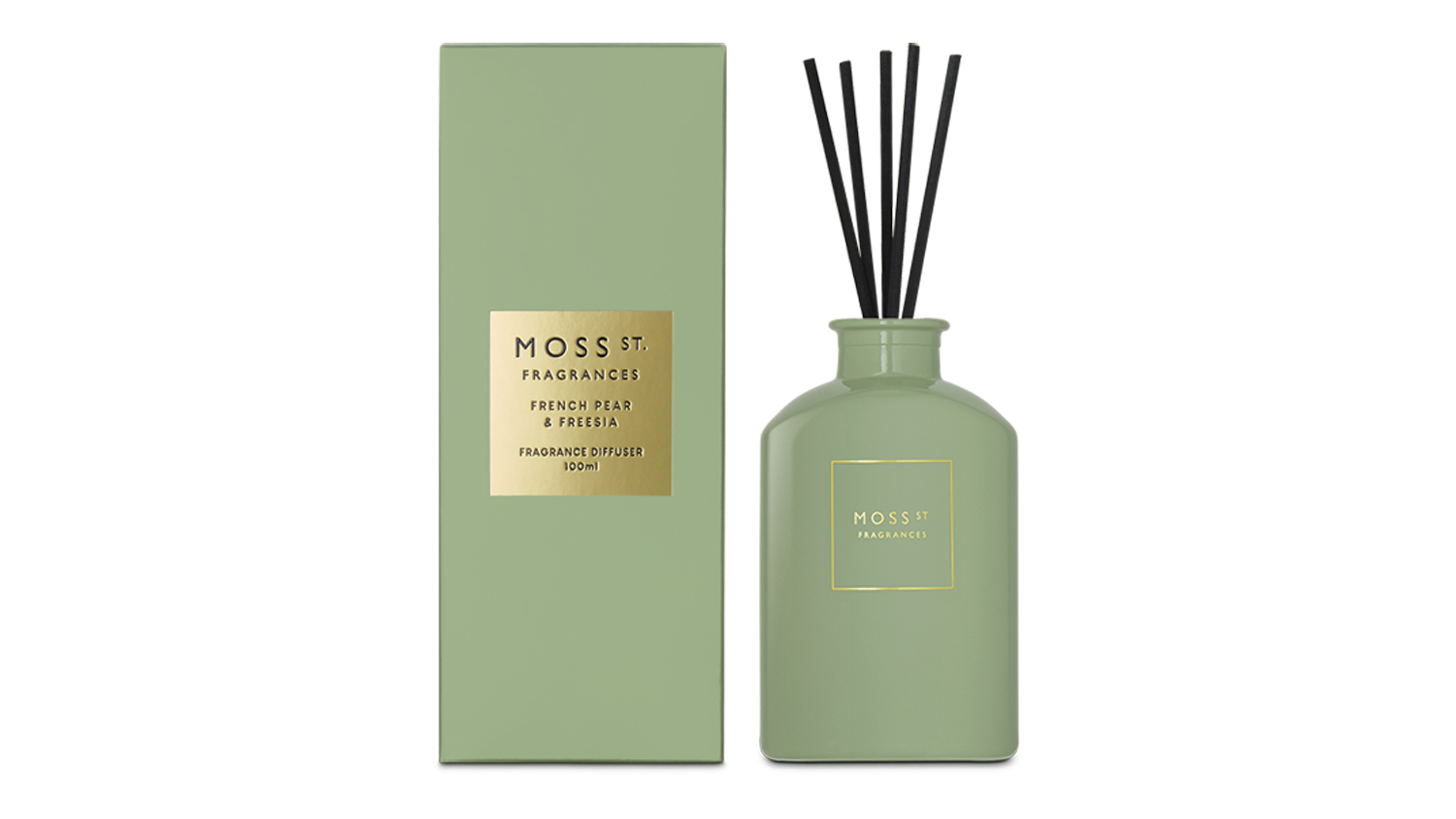 Moss St. French Pear & Freesia 100ml mini reed diffuser set with sage green bottle and matching packaging box