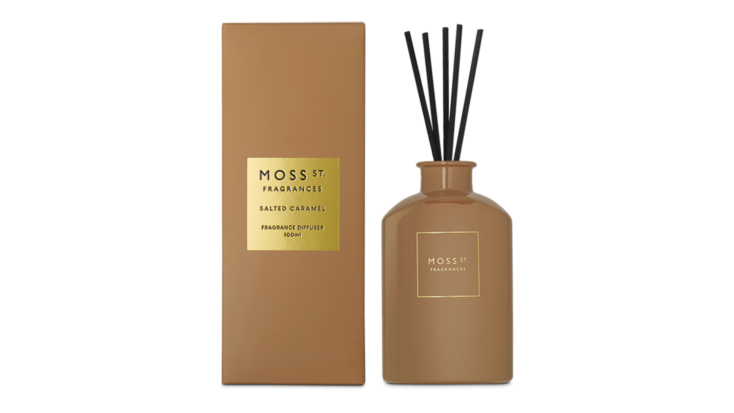 Moss St. Salted Caramel 100ml Mini Reed Diffuser bottle with black reeds standing next to its brown box