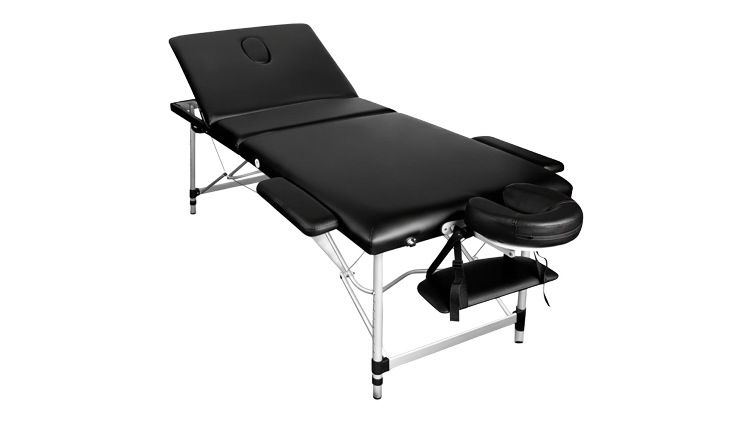 A black TSB Living Portable Folding Massage Table with adjustable headrest, arm supports, and aluminium frame