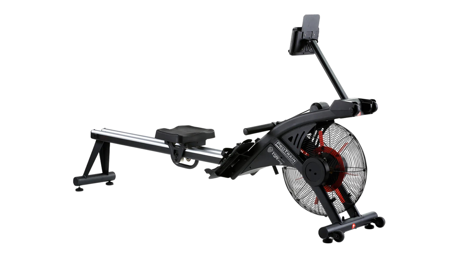 Full profile view of the PROTRAIN Magnet + Air Resistance Rowing Machine with a large front flywheel in black finish