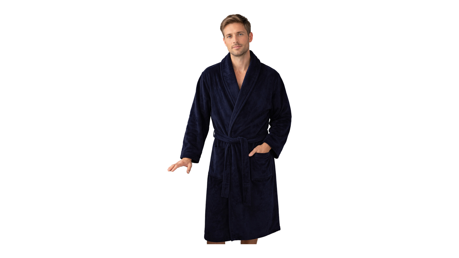 Baksana Ashley Bath Robe in navy blue, displayed on a standing model