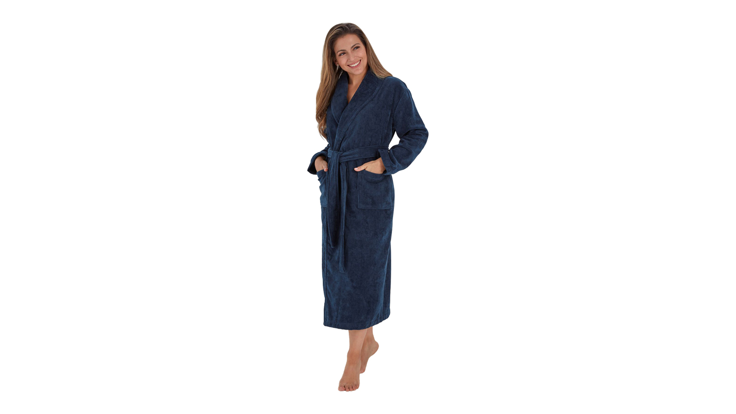 Baksana Freya Bath Robe in navy blue, shown on a standing model, highlighting the shawl collar