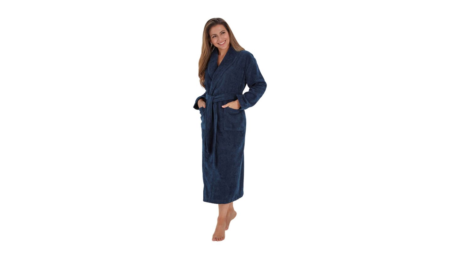 Baksana Freya Bath Robe in navy blue, shown on a standing model, highlighting the shawl collar