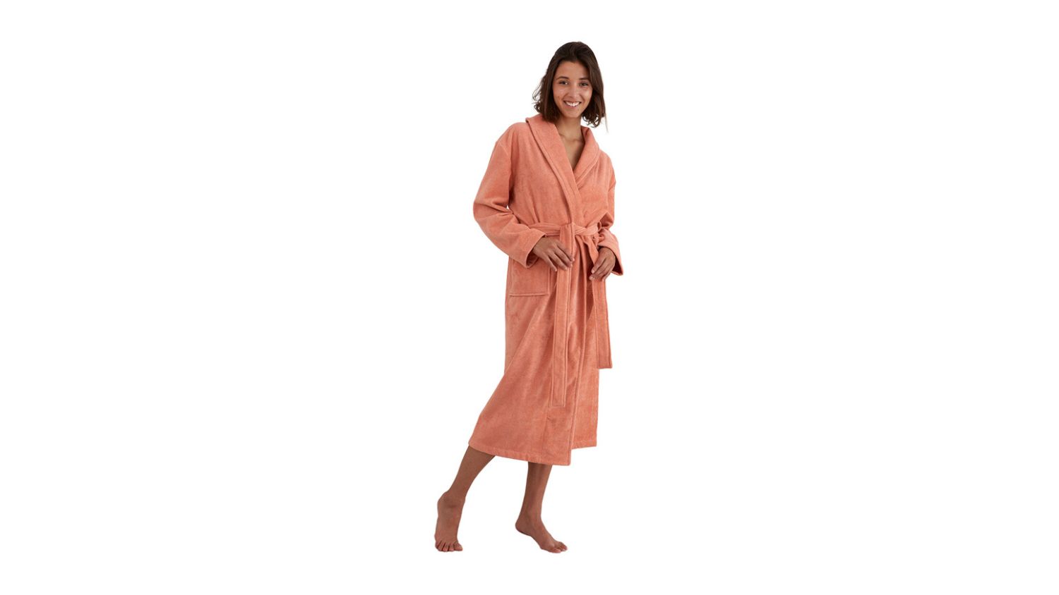 Baksana Freya Bath Robe shown on a standing model, highlighting the shawl collar
