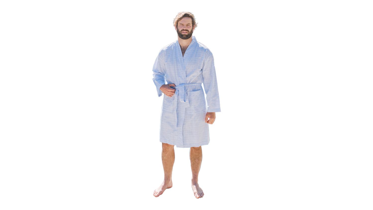 Baksana James Bath Robe in light blue check pattern, shown on a standing model, highlighting the shawl collar