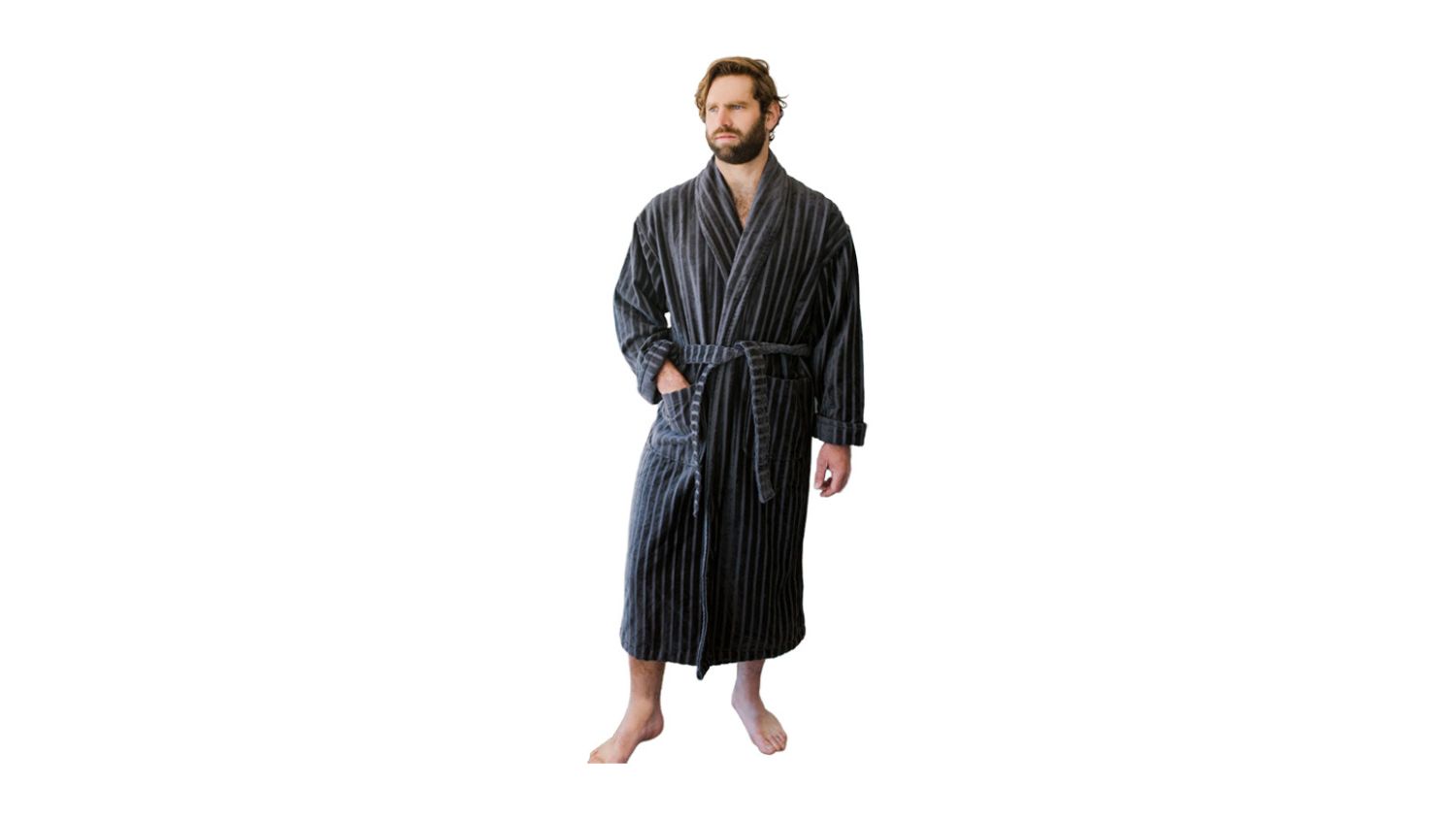 Baksana Luxury Hotel Bath Robe in gunmetal colour with stripe detailing, shawl collar and waist tie