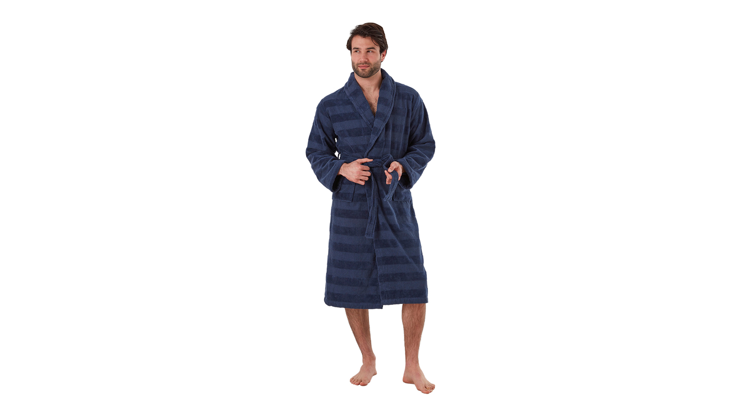 Baksana Aiden Bath Robe in navy blue, shown on a standing model highlighting the shawl collar