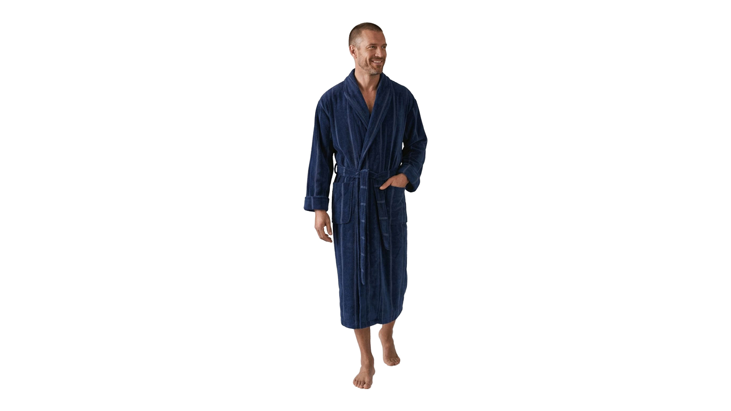 Baksana Topstitch Bath Robe in navy blue, shown on a standing model against