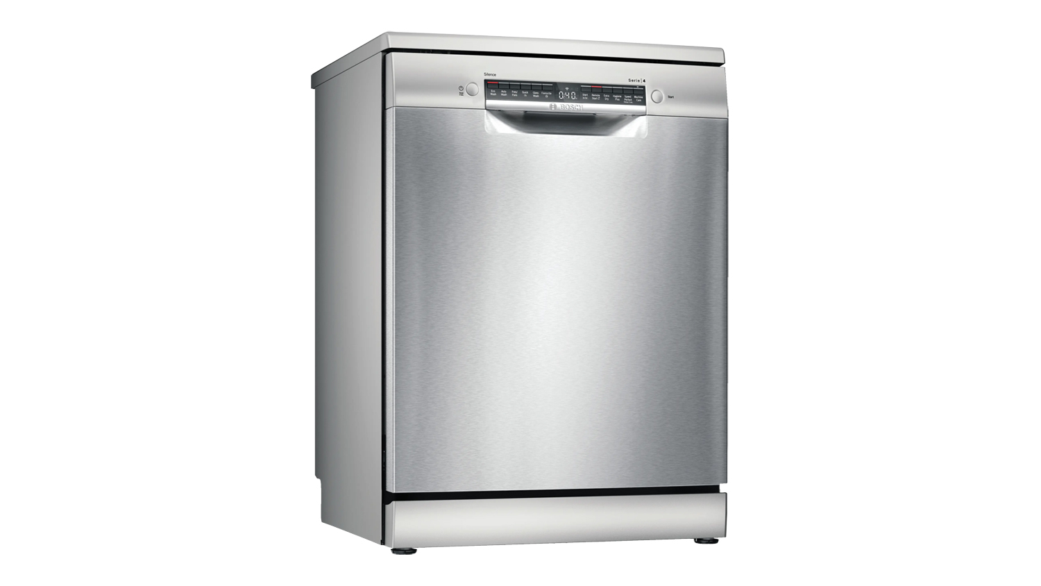 A Bosch Series 4 14 Place Setting Freestanding Dishwasher in a sleek stainless steel finish