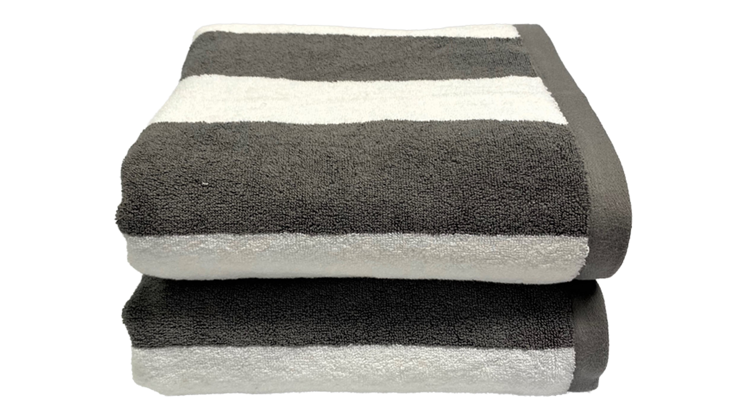 Baksana Cabana Beach Towel, folded in grey and white stripes, soft luxury cotton beach towel