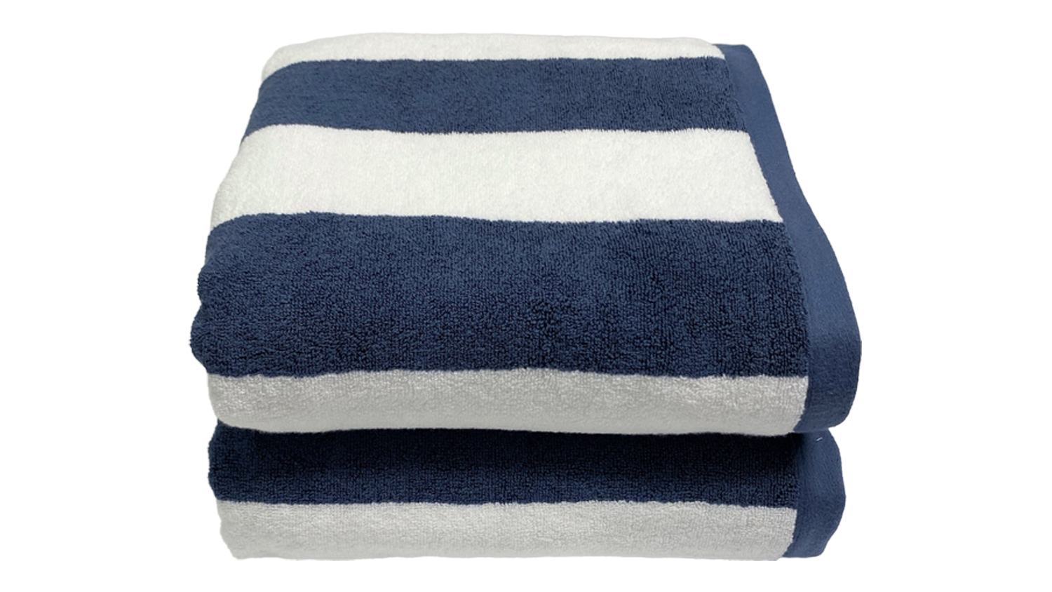 Baksana Cabana Beach Towel, folded in navy blue and white stripes, soft luxury cotton beach towel