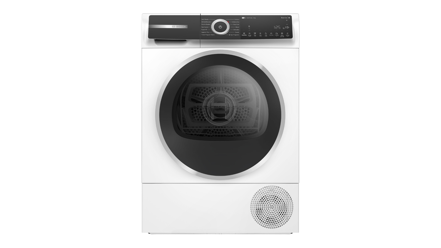 A Bosch Series 8 8kg Heat Pump Smart Dryer in a sleek white colour