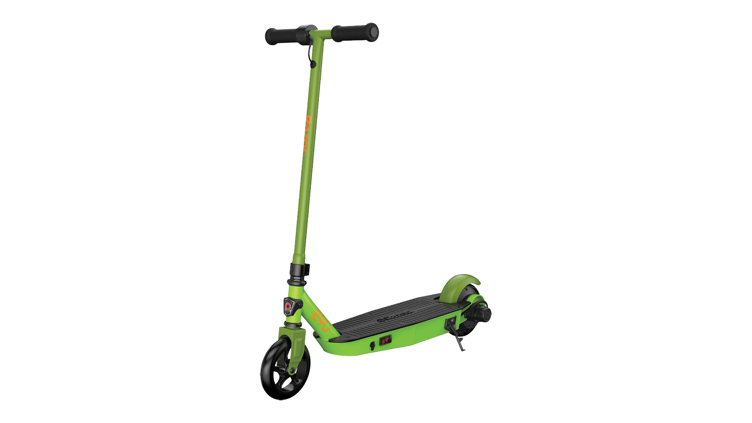 Front angled view of a green Razor Black Label E90 Electric Scooter with a black deck, handlebars, and wheels