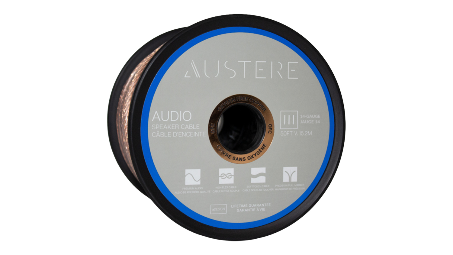 Centred front-facing product shot of the Austere III Series Speaker Cable spool